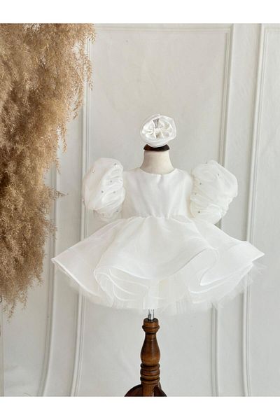 Hobidik Baby Rochie pentru fetiță din tul pufoasă cu piatră albă |   1-8 ani Ziua de naștere specială zilnică