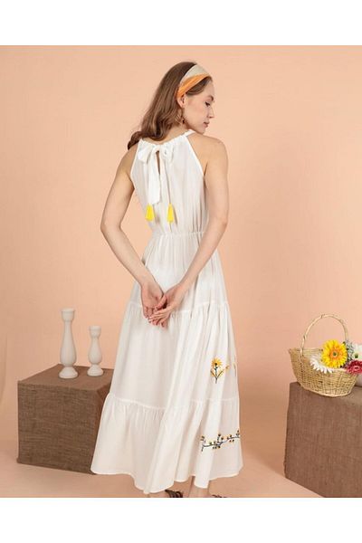 EL jadida Women's Halter Neck Embroidered Plus Size Viscose Long Dress White