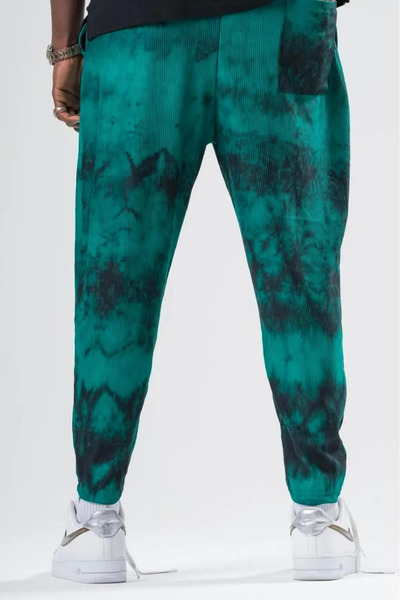Superbluemexico Men's Tie-Dye Patterned Elastic Green Trousers