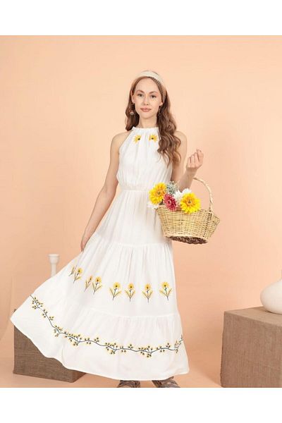 EL jadida Women's Halter Neck Embroidered Plus Size Viscose Long Dress White