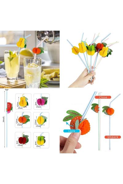 partidolu 24 Cm Hawaian Colored Fruit Shaped Plastic Straws - 100 Pieces
