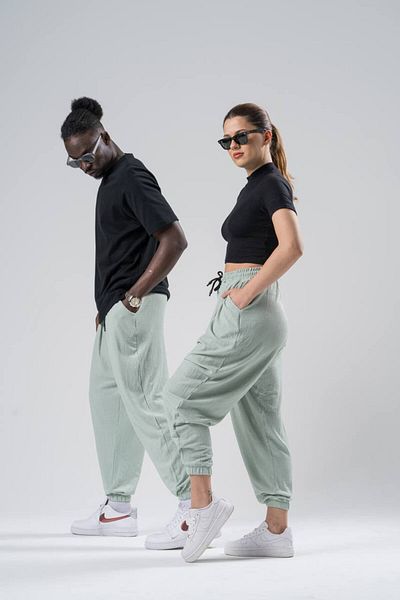 Superbluemexico Unisex Wrinkled Fabric Summer Baggy Trousers