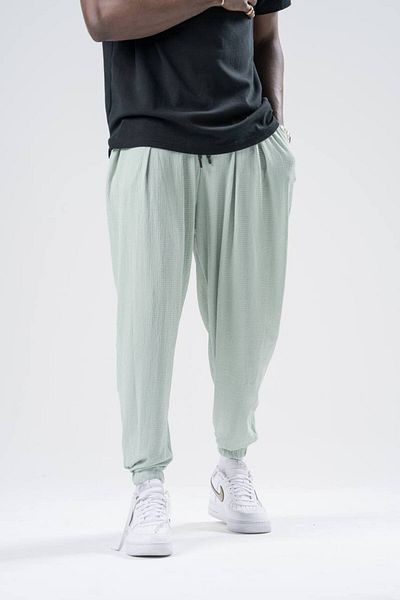 Superbluemexico Unisex Wrinkled Fabric Summer Baggy Trousers