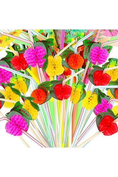 partidolu 24 Cm Hawaian Colored Fruit Shaped Plastic Straws - 100 Pieces