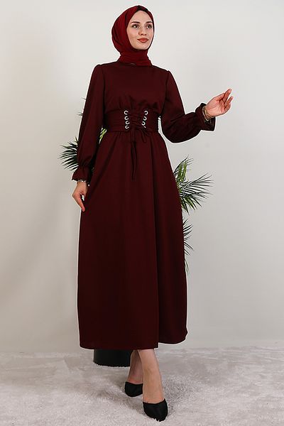 GİZ AGİYİM Burgundy Dress with Bird Eyes and Belt