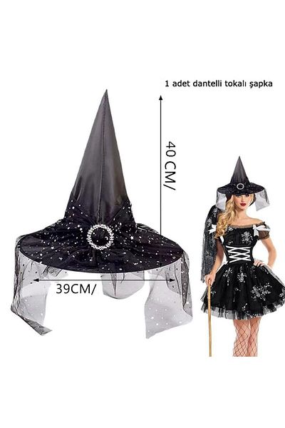 partidolu Halloween Dangling Black Lace Witch Καπέλο Ενηλίκων Μαύρο Χρώμα 1 Τεμάχιο 39x40 εκ.