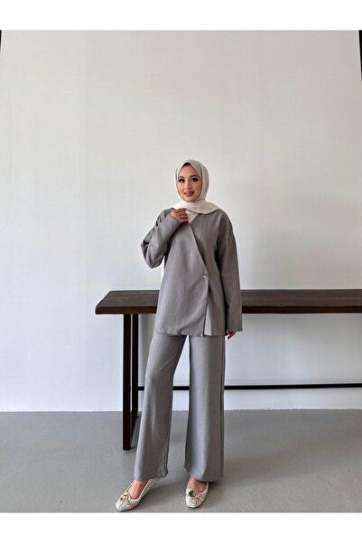 New Lune Women's Clothing Linen Gray Color Side Buttoned Tunic Trousers Set, Bottom Top Set