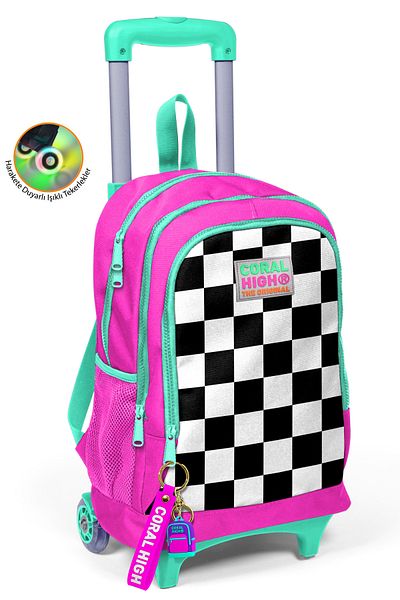 Coral High Rucsac școlar cu trei compartimente și racletă pentru copii, roz neon, cu model 23901