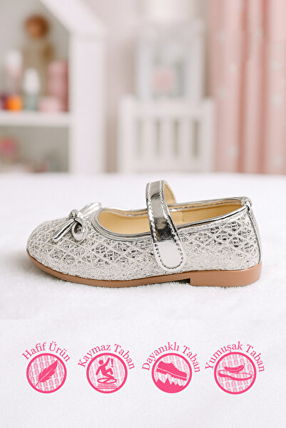 İmerShoes Daily Girl's Silver Ballerina Ballerina Velcro Tape Sequin and Bow Detailed Lightweight Comfortable Shoes 413