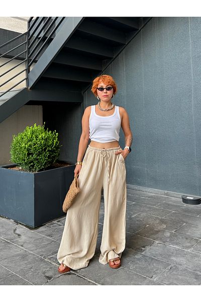 Bak'ap Pantaloni largi de vară din in Seersucker premium cu șireturi