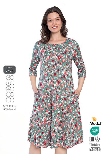 ROMEO LİFE Women's Cotton Modal Fabric Button Detailed Patterned Stylish Dress 7690