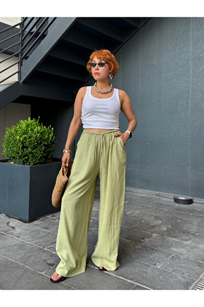 Bak'ap Premium Seersucker Linen Summer Loose Wide Leg Lace up Trousers