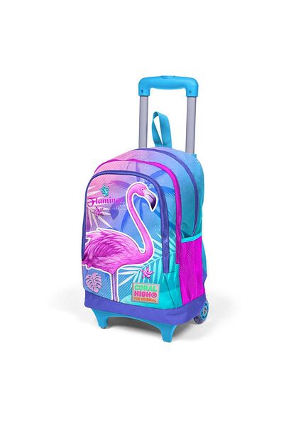 Coral High Rucsac de școală cu trei compartimente cu model flamingo roz lavandă și racletă cu roți