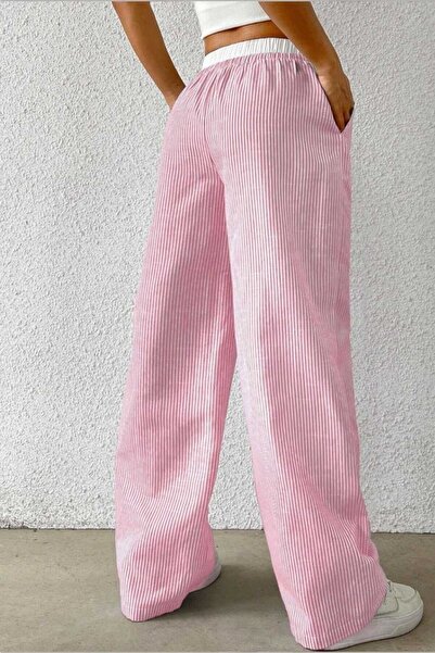 The Champ Clothing Women's Pink Striped Poplin Woven Trousers – High Waist Elastic Wide Leg Comfortable Model