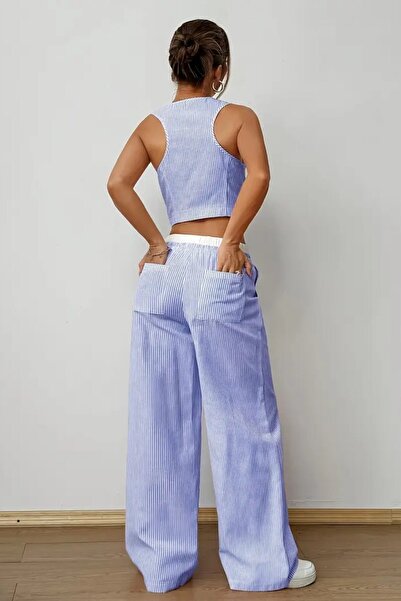 The Champ Clothing Women's Striped Poplin Woven Double Suit – Buttoned Crop Vest & Wide Leg Trousers Summer Casual Model