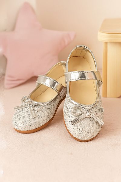 İmerShoes Pantofi de zi cu zi pentru fete, argintii, cu velcro, paiete și fundă, pantofi ușori și confortabili 413