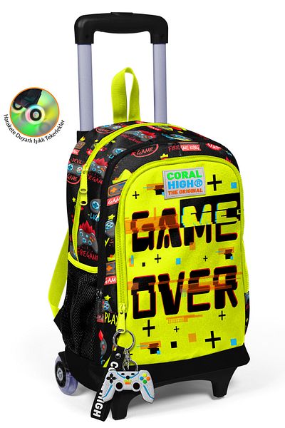 Coral High Kids Black Neon Yellow Game Over Patterned Three Compartment Squeegee School Backpack 23928