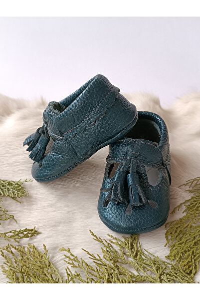 Hodore Wizy Tasseled Petrol Blue Genuine Leather Baby Booties Moccasins