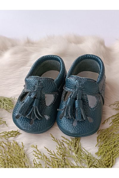 Hodore Wizy Tasseled Petrol Blue Genuine Leather Baby Booties Moccasins