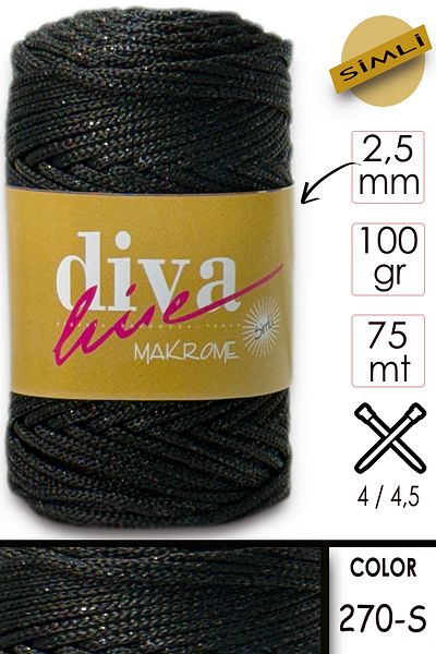 Diva İplik Diva Macrame Σχοινί Glitter 270s Μαύρο