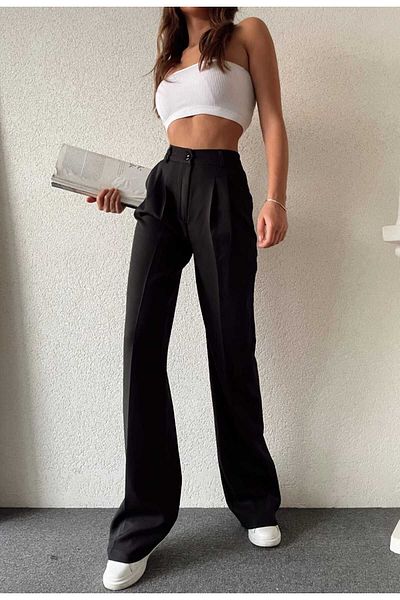 H&A İSTANBUL Palazzo Fabric Black Pleated Trousers