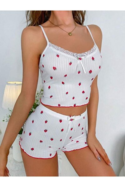 GAZANİGA Жіночий комплект нічних шортів з мереживом та еластичною стрічкою STRAWBERRY