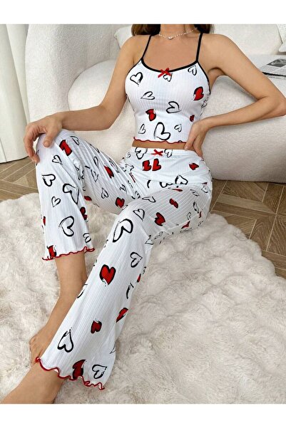 GAZANİGA Kadın Likralı Kalp Desenli Baskılı Gecelik Pijama Takımı DURU