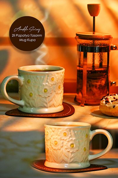 Anadolu Saray 2 Pcs Handmade Ceramic Embossed Motif Daisy Design Mug Mug Cup