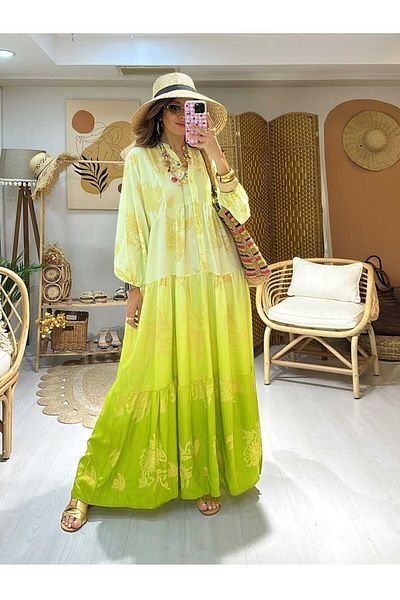 QUAWEAR V-Neck Gold Foil Printed Glittery Viscose Fabric Full Length Dress