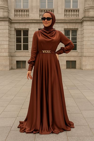 Neva Style Satin Brown Hijab Evening Dress 3460Kh
