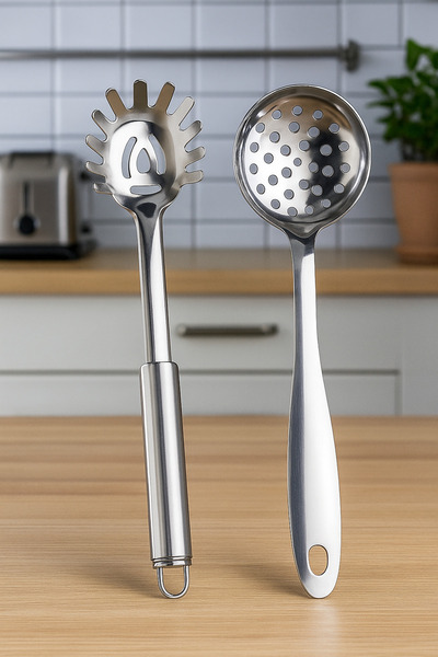 TARIK HOME 2'li Set Paslanmaz Çelik Mantı ve Makarna Kepçesi seti