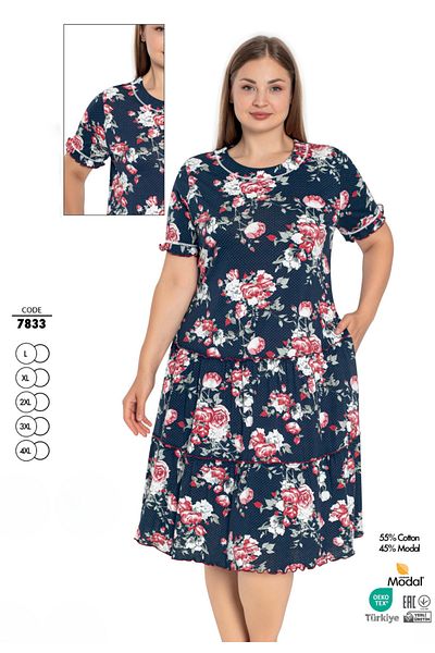 ROMEO LİFE Women's Plus Size Cotton Modal Fabric Patterned Summer Dress 7833