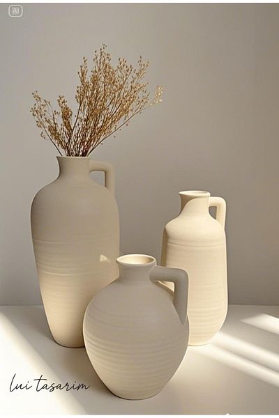 Lui Tasarım Cream Color Natural Handmade Rusel Ceramic Vase Set of 3 30*25*18 cm