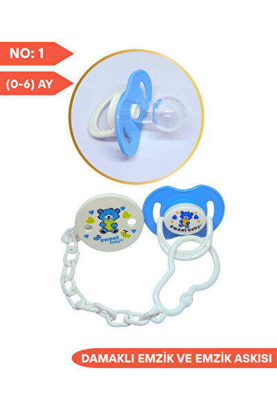 SWEET BABY Damaklı Silikon Emzik ve Emzik Askısı No:1, 0-6 Ay Mavi Ayı Desenl...