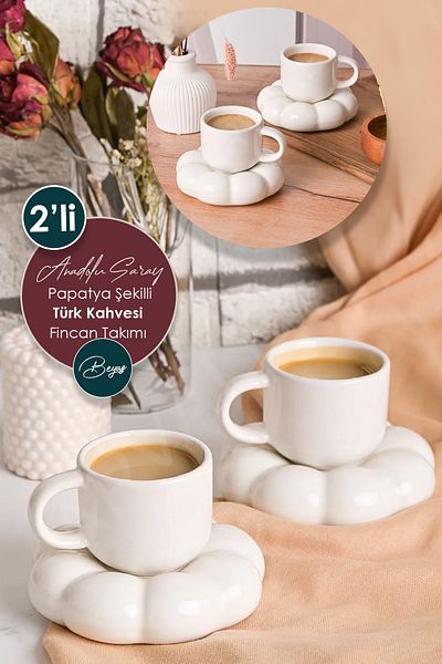 Anadolu Saray 2Pcs Handmade Ceramic White Daisy Model Handmade Turkish Coffee Cup Set 90ml
