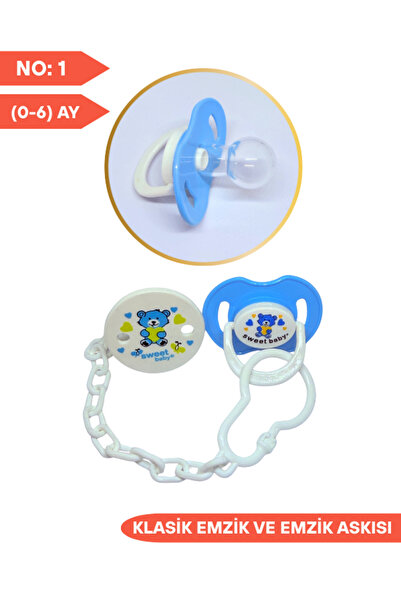 SWEET BABY Klasik Silikon Emzik ve Emzik Askısı No:1, 0-6 Ay Mavi Ayı Desenli...