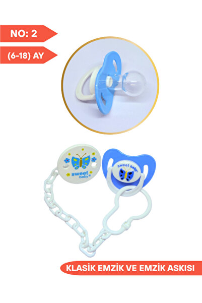 SWEET BABY Klasik Silikon Emzik ve Emzik Askısı No:2, 6-18 Ay Mavi kelebek De...
