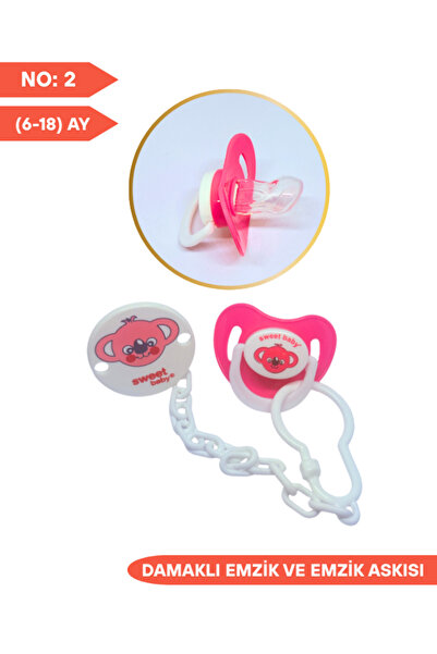 SWEET BABY Damaklı Silikon Emzik ve Emzik Askısı No:2, 6-18 Ay,Pembe Rengi, A...