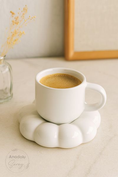 Anadolu Saray 1Pcs Handmade Ceramic White Daisy Model Handmade Turkish Coffee Cup Set 90ml
