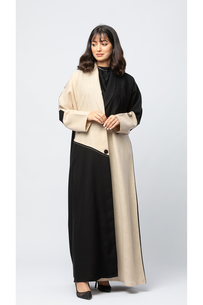 outline Formal cut abaya with front button in black and beige