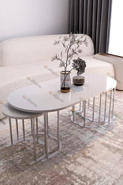 usta mekan Masal 2+1 Yavrulu Gümüş Beyaz Mdf Orta Sehpa