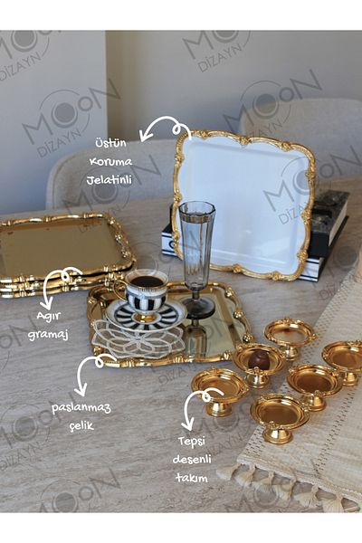 Moon Dizayn 18 Piece Presentation Set for 6 People Presentation Napkin Turkish Delight Bowl Gold Tray Casting Gold Rose Framed