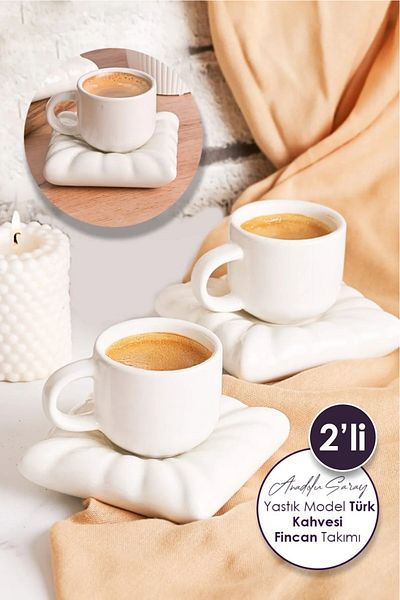 Anadolu Saray 2Pcs Handmade Ceramic White Cushion Cushion Model Handmade Turkish Coffee Cup Set 90ml