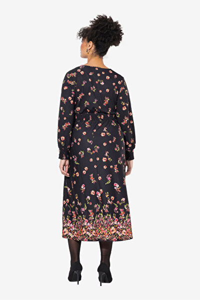 Şans Women's Plus Size Black, Long Sleeve Sleeve Mouth Kkroşeta Detail, Wrap Collar Dress 65N38991