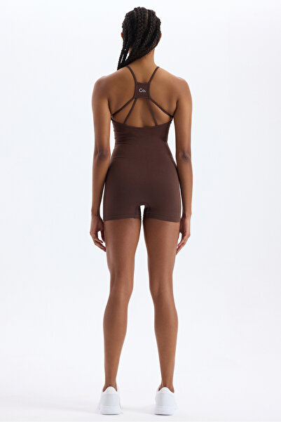 COMEUP İp Askılı Sırtı Çapraz Detaylı Şort Tulum Kakao Kahve