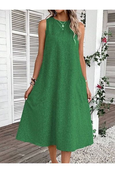 HAZEGO Rochie midi de in pentru femei, fara maneci, cu buzunare