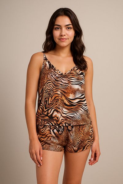 nisaNCa Luxury Satin Shorts Suit – Suspender, Lace Detail or Leopard Print, Boxed Summer Home Wear