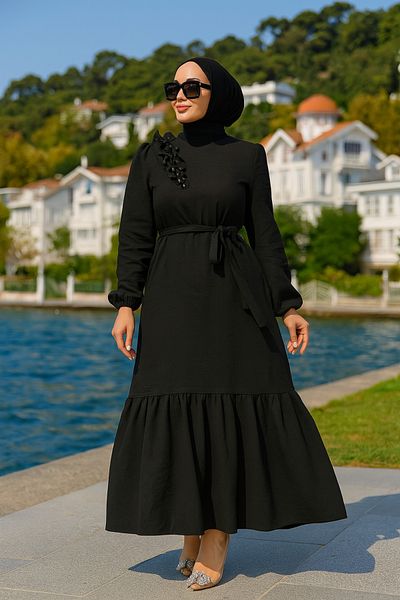Neva Style فستان حجاب أسود بحزام 659s
