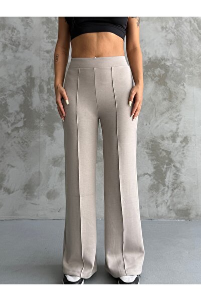 Moda ferfa بنطلون نسائي بيج متموج من الأمام وواسع الساق من القماش المشروط عال...