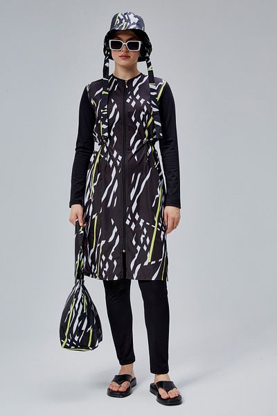 MASSMİZO Women's Long Zebra Patterned Zippered Beach Fully Covered Hijab Swimsuit Set of 3